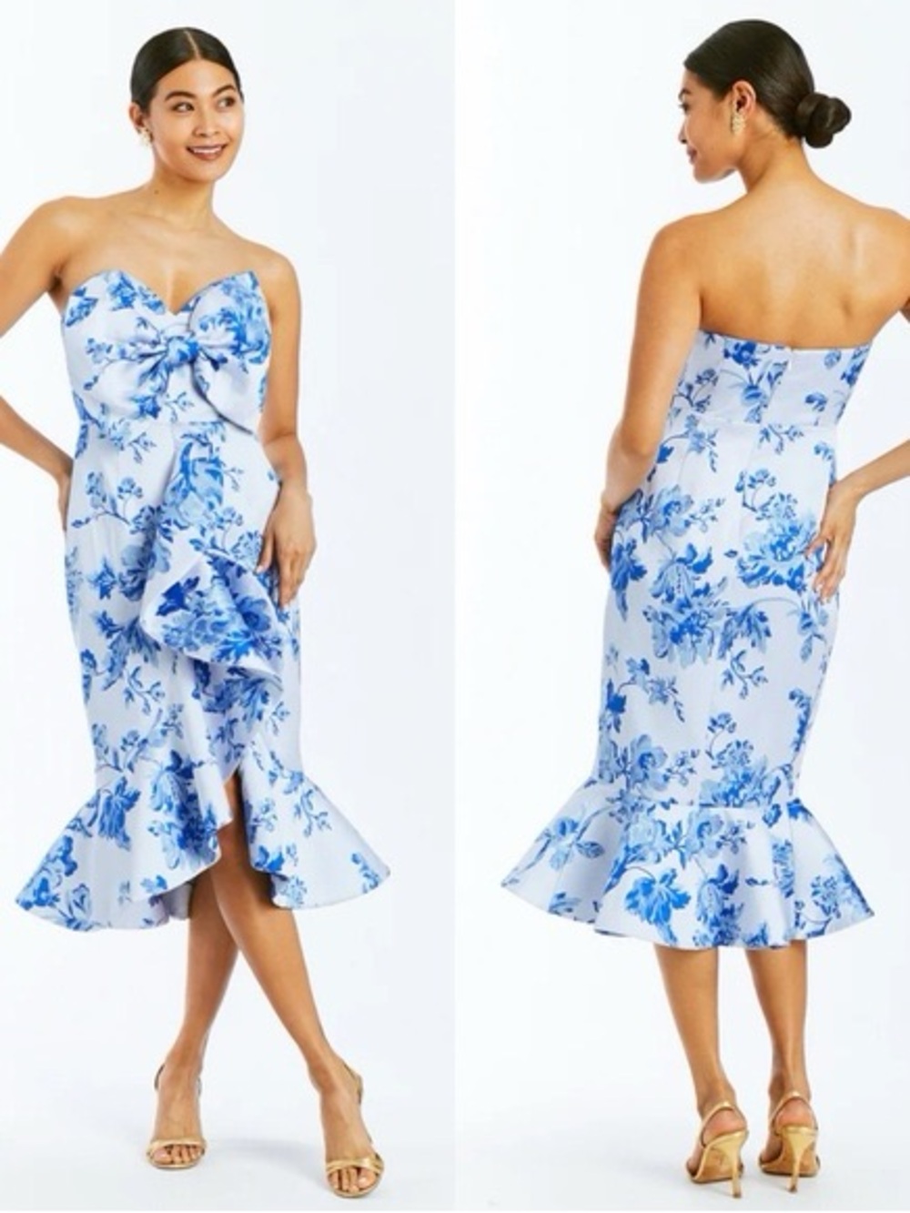Mestiza Stephanie Porcelain Blue and White Floral Ruffled Midi Dress